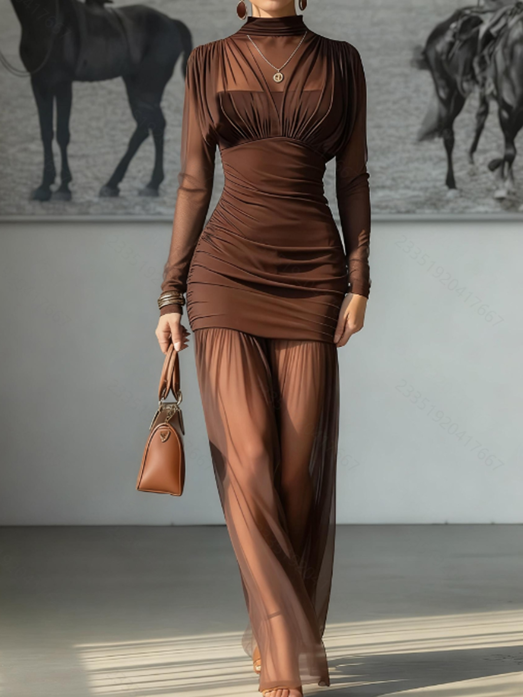 Sexy Mesh Sheer Bodycon Dress - ชุดเดรสยาวแขนยาวผ้าบางเบา คอสูง แต่งระบาย ทรงเข้ารูป สำหรับผู้หญิง แฟชั่นทันสมัย