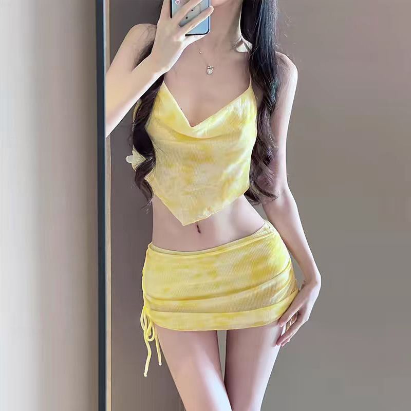 Swimwear - ชุดบิกินี่ผู้หญิงลายมัดย้อมสีมาการองสำหรับฤดูร้อน ชุดว่ายน้ำแบบผูกเชือกโชว์หลัง ชุดชายหาดสำหรับวันหยุด