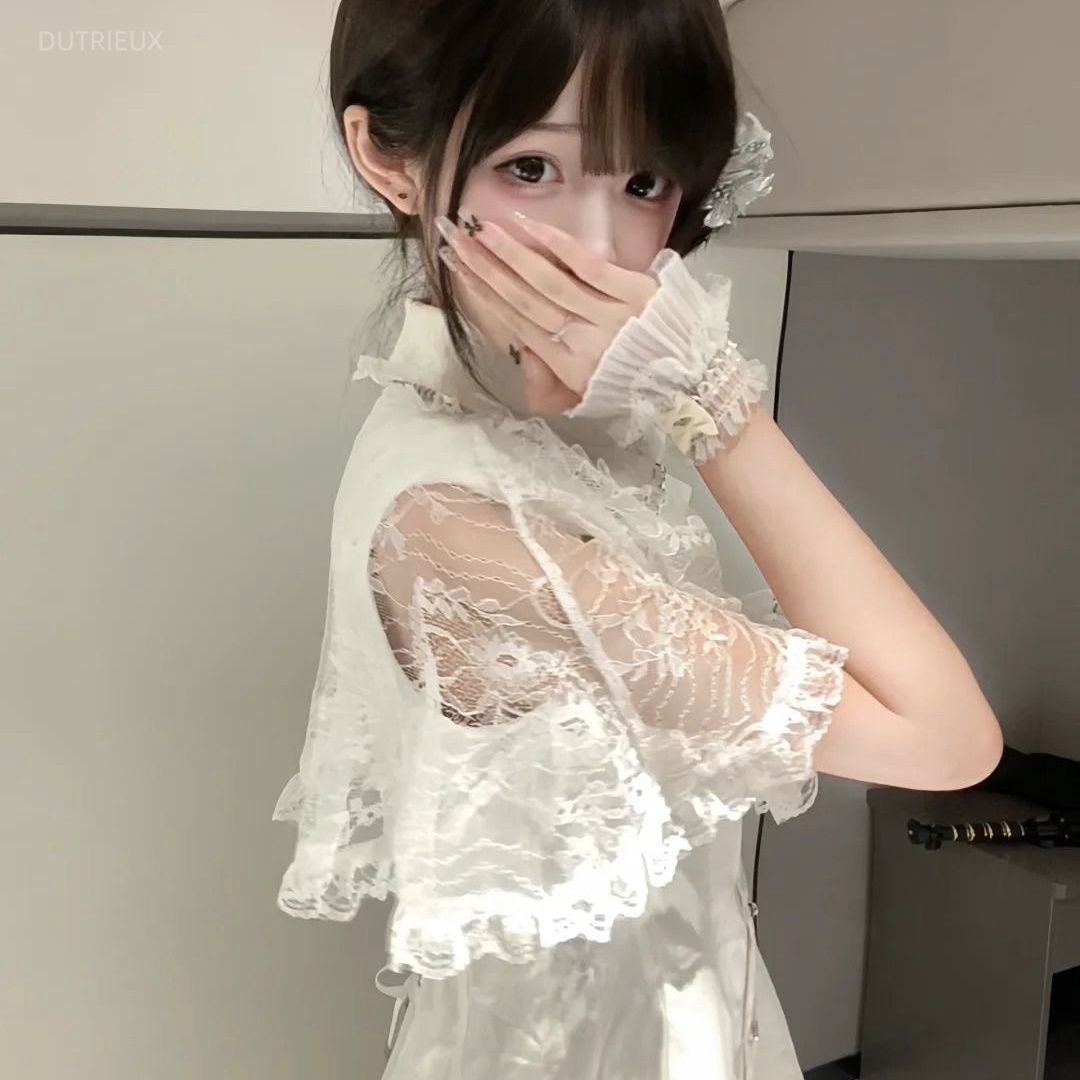 Korean Style A Line Shirt Dress - ชุดเดรสสไตล์โกธิคญี่ปุ่น Y2K ประดับโบว์คริสตัลสำหรับผู้หญิง พร้อมลูกไม้ระบายและผ้าคลุมไหล่ แฟชั่นเกาหลีสำหรับงานปาร์ตี้ ชุดเดรสโลลิต้า