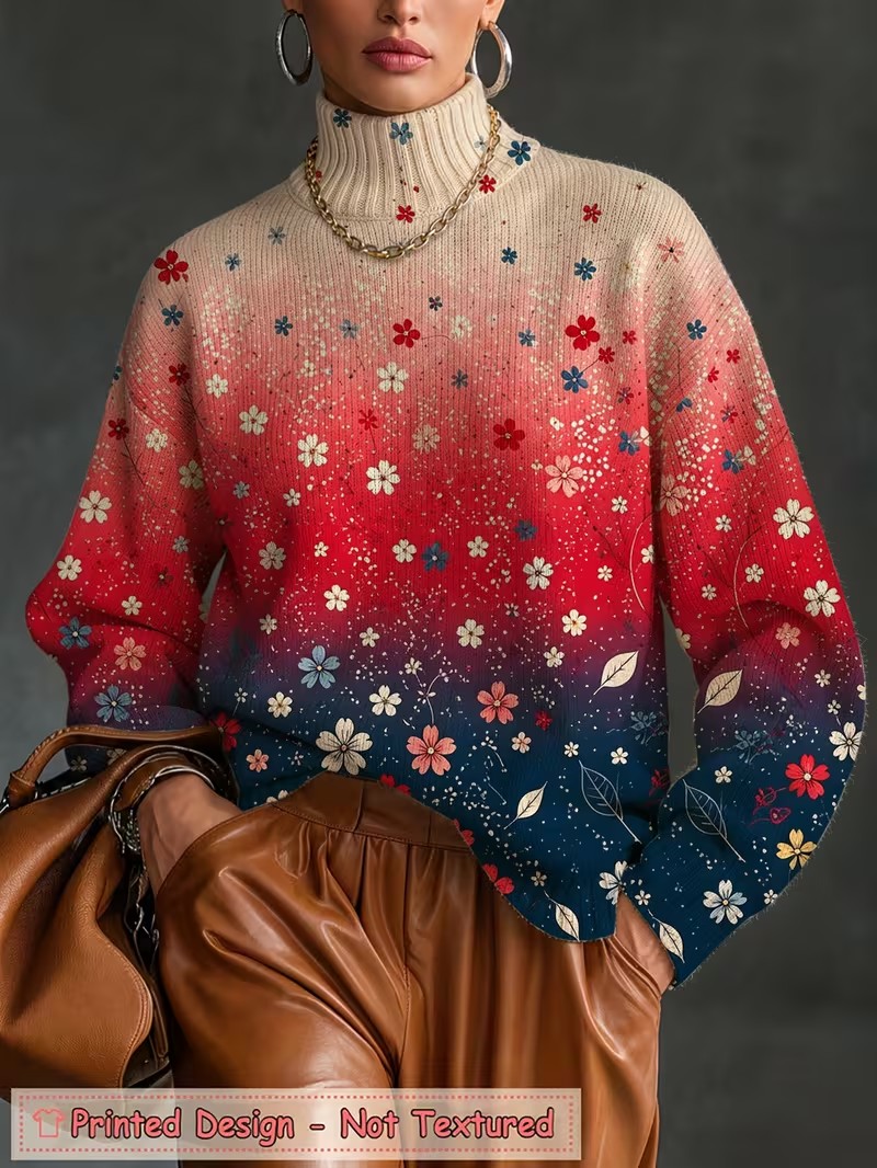 Blouses - เสื้อยืดคอเต่าผู้หญิง ลายดอกไม้ไล่สี แขนยาว เสื้อสวมหัว ทรงหลวม ลำลอง