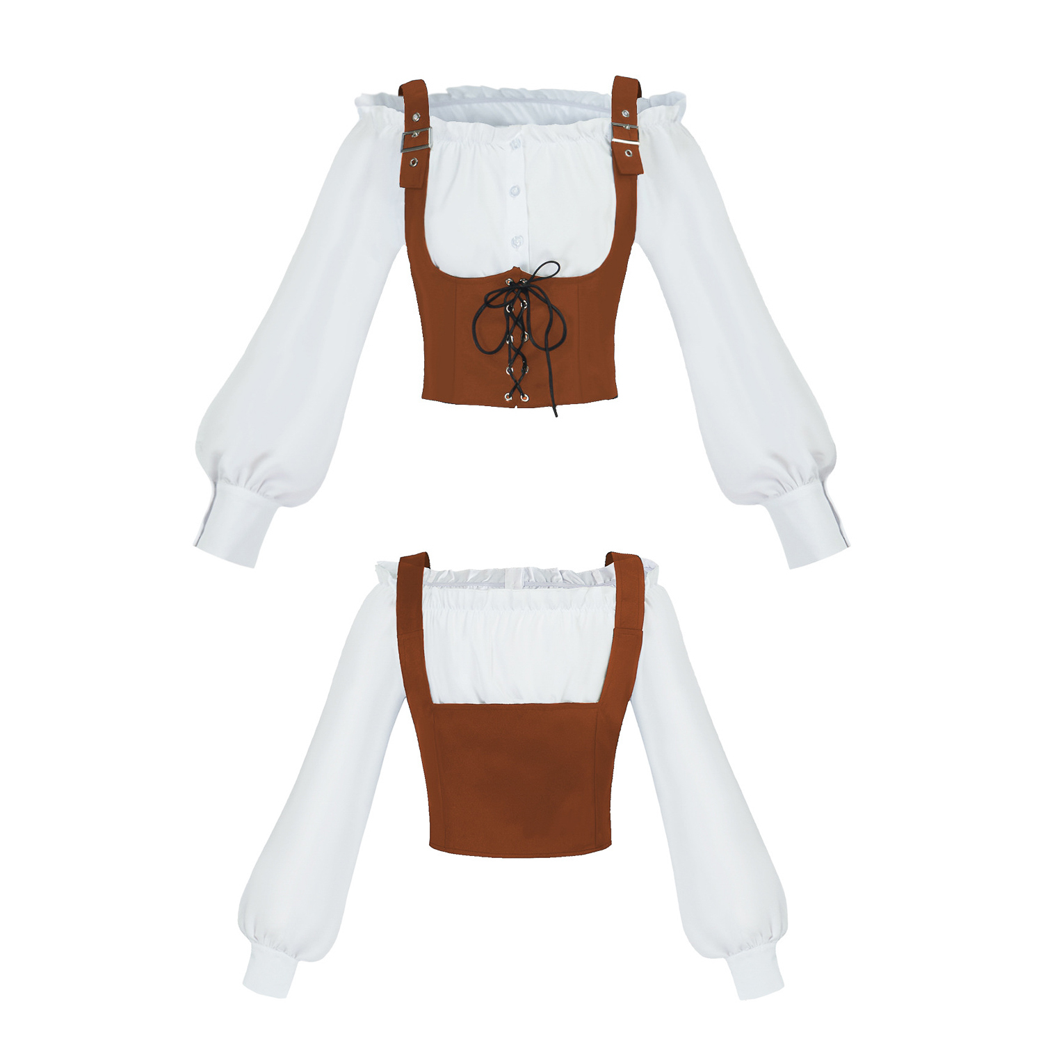 Blouses - ชุดคอสตูม 2 ชิ้นสไตล์เรอเนซองส์ เสื้อเบลาส์แขนยาวระบายเปิดไหล่ พร้อมเสื้อกั๊กคอร์เซ็ตผูกเชือกหนังกลับเทียม สำหรับฮาโลวีนและคอสเพลย์