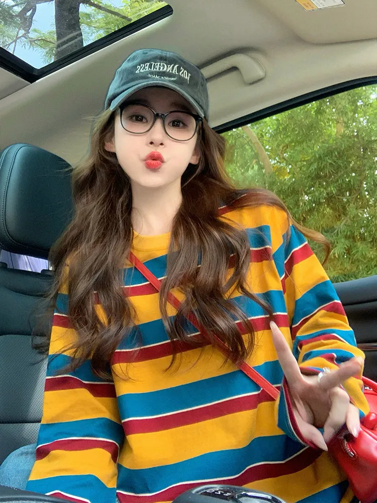 Blouses - เสื้อยืดแขนยาวลายทางคัลเลอร์บล็อกสำหรับผู้หญิง คอกลม ทรงหลวม สไตล์ลำลองย้อนยุค ลายทางสีเหลือง น้ำเงิน