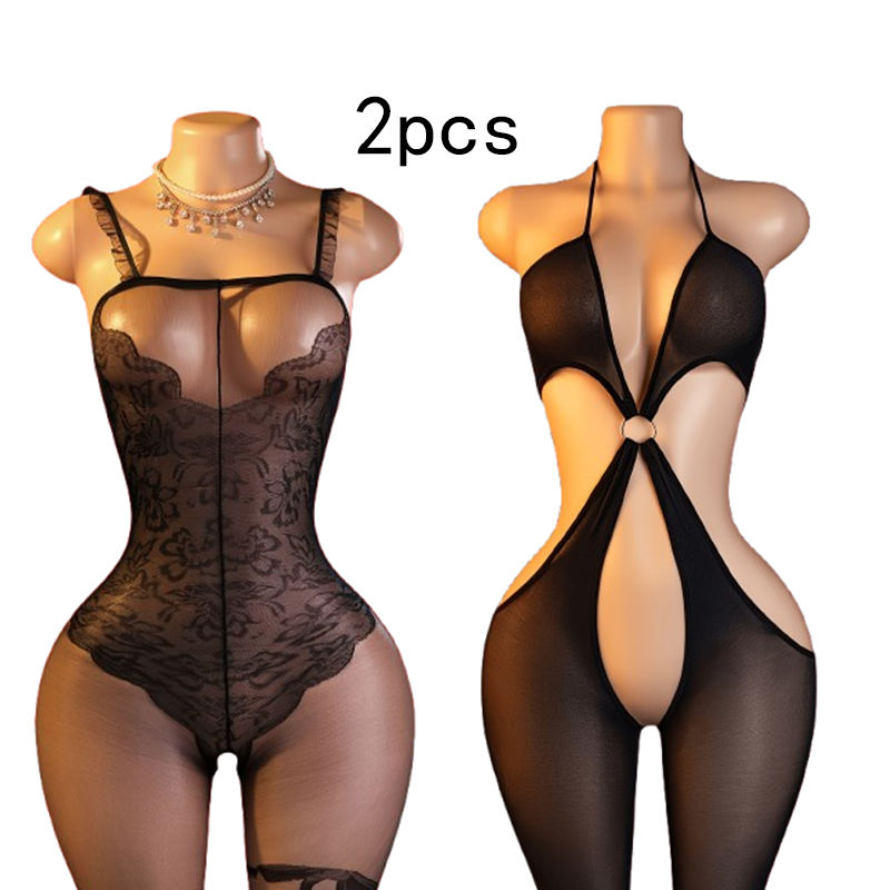 Lingerie - ชุดสองชิ้น – บอดี้สูทตาข่ายสีดำสุดเซ็กซี่ ดีไซน์เว้าช่วงต่างๆ โดดเด่น เผยผิว
