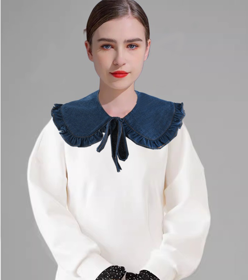Blouses - ปกเสื้อปลอมระบายผ้าเดนิมสีฟ้าหวาน ปกเสื้อแบบถอดได้สำหรับผู้หญิง ปกเสื้อคลุมไหล่ตกแต่งสำหรับเสื้อสเวตเตอร์และเสื้อเบลาส์