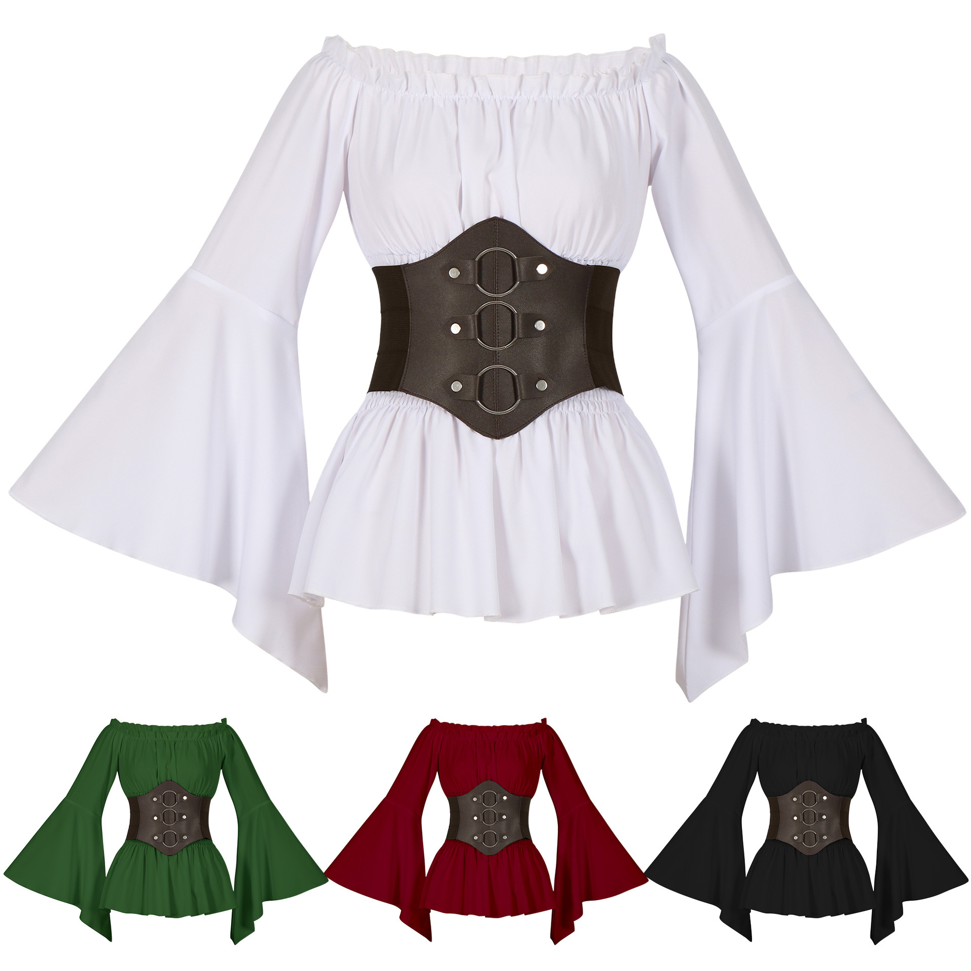Blouses - เสื้อคอร์เซ็ตสไตล์โจรสลัดยุคกลางวิกตอเรีย เปิดไหล่ แขนยาวระบาย ลำลองย้อนยุค ชุดฮาโลวีน