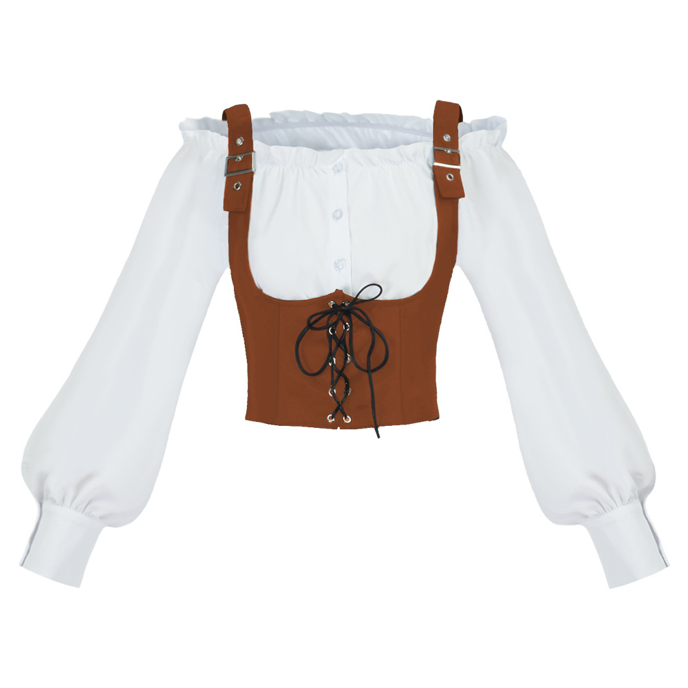 Blouses - เสื้อเบลาส์ผู้หญิงสไตล์เรโทรตะวันตก เสื้อกั๊กหนังกลับแบบต่อผ้า เสื้อครอปแขนยาว เสื้อยืดคอร์เซ็ต ชุดคอสตูมสำหรับงานอ็อกโทเบอร์เฟสต์และฮาโลวีน