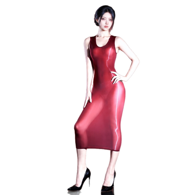 Sexy Mesh Sheer Bodycon Dress - ชุดเดรสเซ็กซี่สำหรับผู้หญิง แขนกุด เนื้อผ้ามันเงา ซีทรู ชุดชั้นใน ความหนาแน่นสูง
