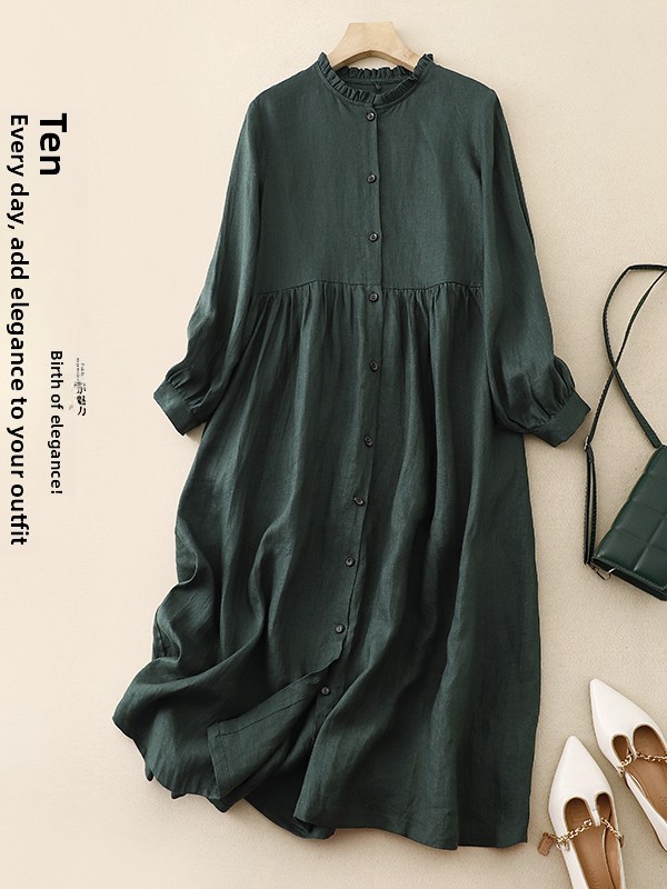 เดรสผ้าฝ้ายผสมลินินแขนยาวทรงหล - Casual Loose Linen Shirt Dress บทวิจารณ์และราคา