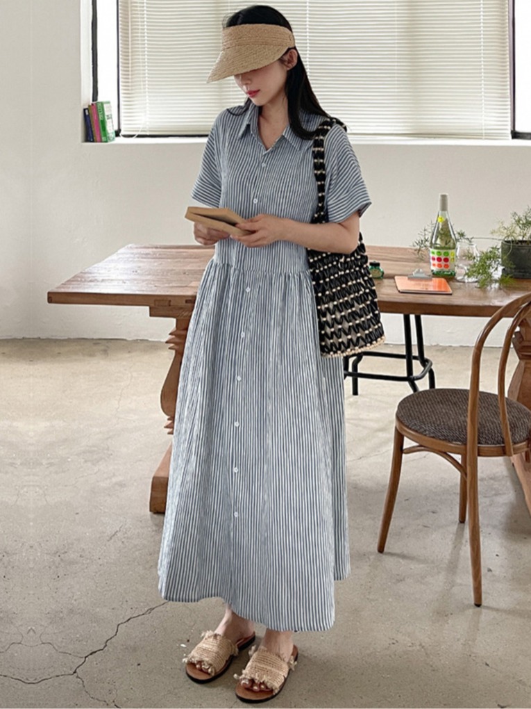 เดรสเชิ้ตลายทางทรงเข้ารูปสไตล์ - Korean Style A Line Shirt Dress บทวิจารณ์และราคา
