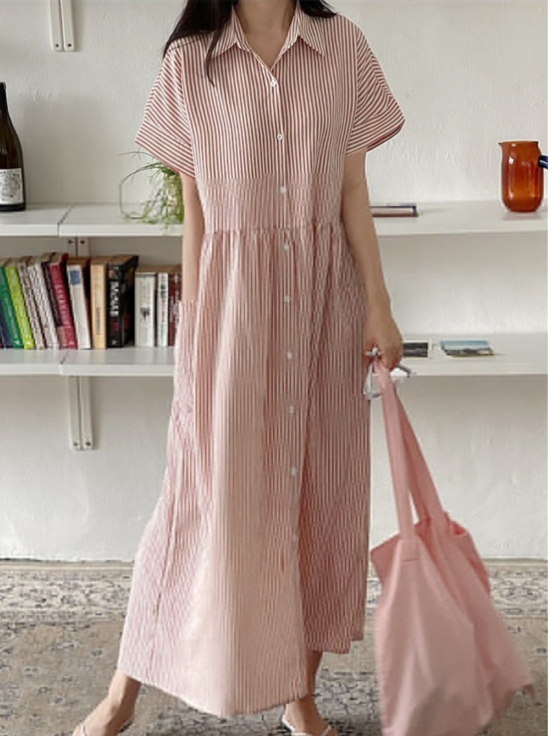 เดรสเชิ้ตลายทางทรงเข้ารูปสไตล์ - Korean Style A Line Shirt Dress บทวิจารณ์และราคา