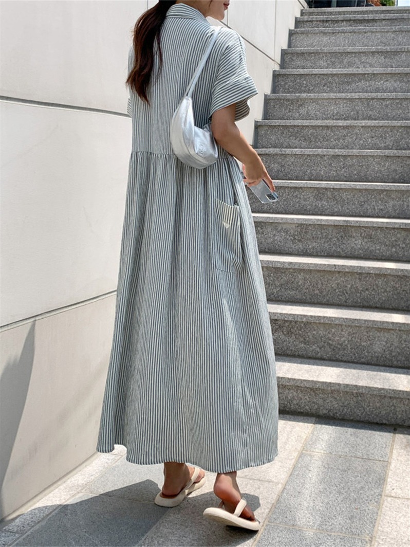 เดรสเชิ้ตลายทางทรงเข้ารูปสไตล์ - Korean Style A Line Shirt Dress บทวิจารณ์และราคา