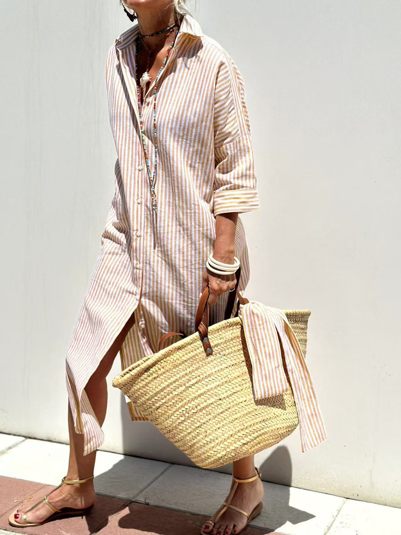 แม็กซี่เดรสพร้อมเข็มขัด ลุคผ้า - Casual Loose Linen Shirt Dress บทวิจารณ์และราคา