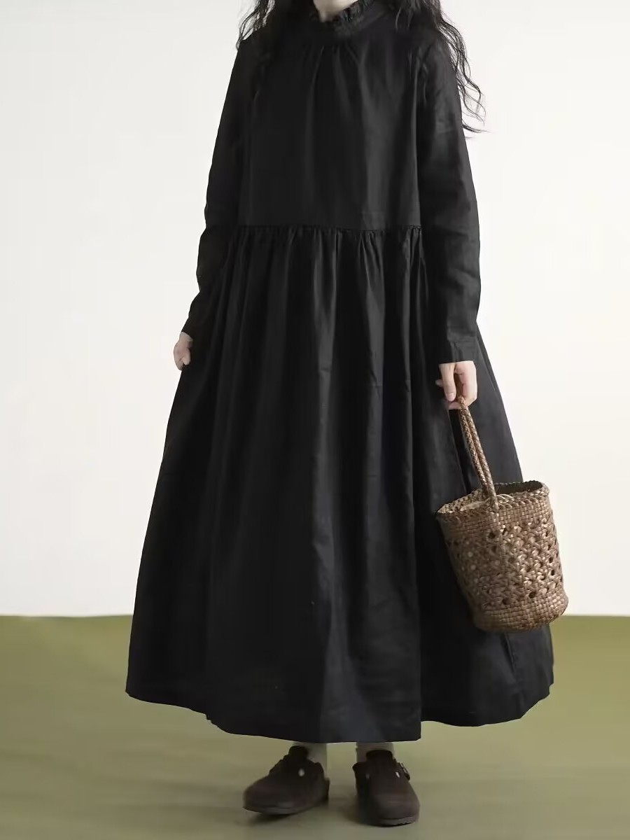 เดรสผ้าลินินแขนยาว คอปกผ้าลูกไ - Casual Loose Linen Shirt Dress บทวิจารณ์และราคา