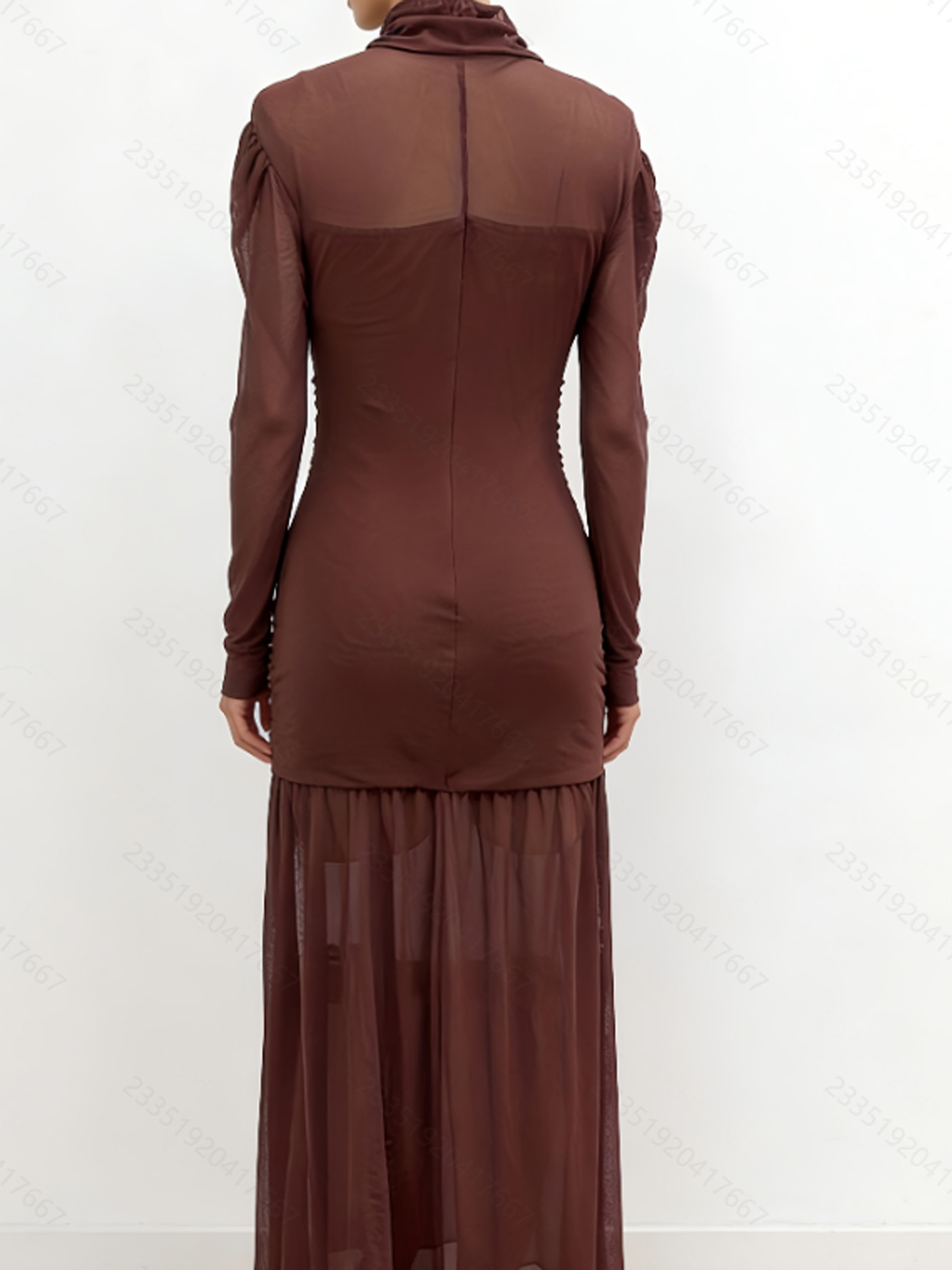 ชุดเดรสยาวแขนยาวผ้าบางเบา คอสู - Sexy Mesh Sheer Bodycon Dress บทวิจารณ์และราคา