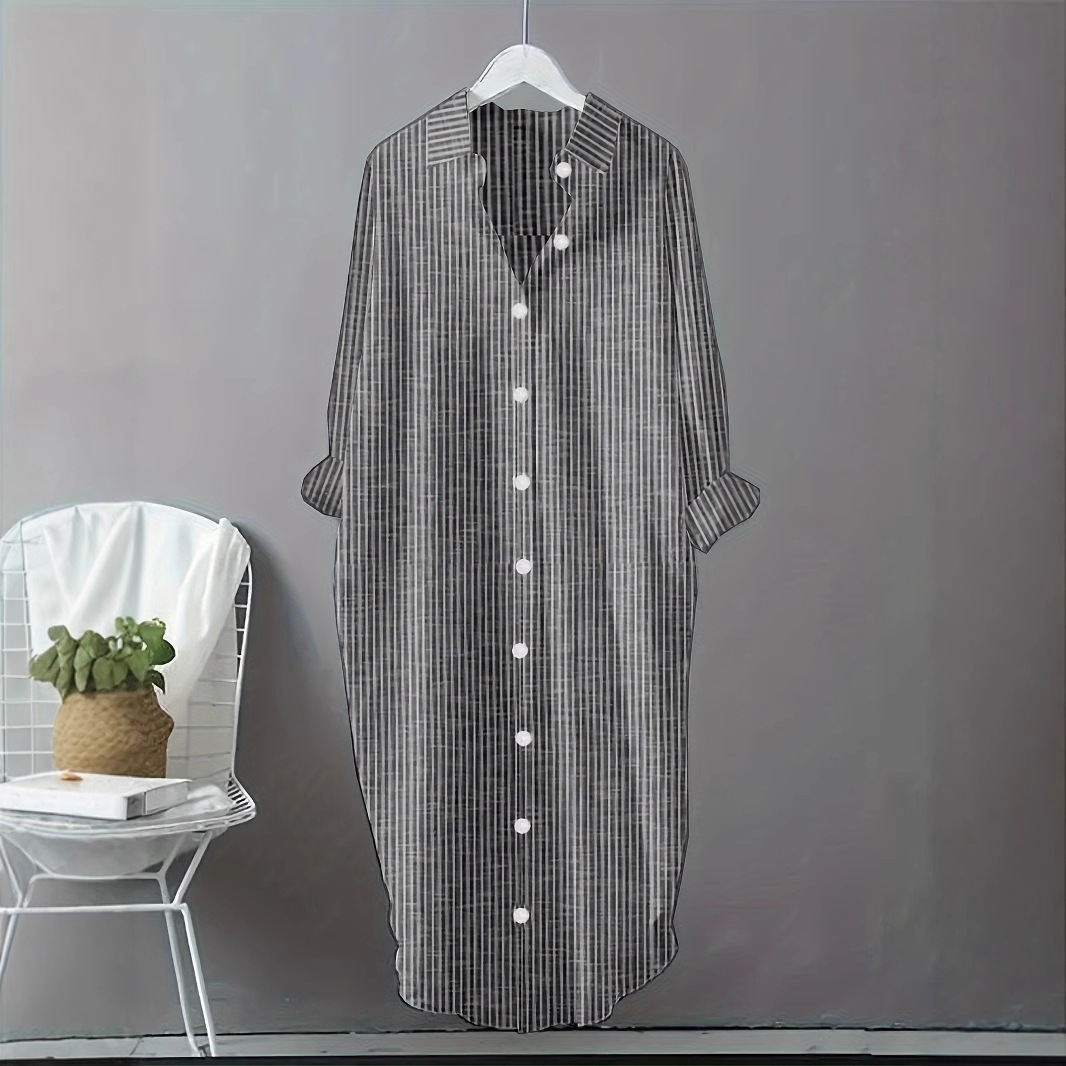 เดรสเชิ้ตผ้าฝ้ายลินินลายทางสไต - Casual Loose Linen Shirt Dress บทวิจารณ์และราคา