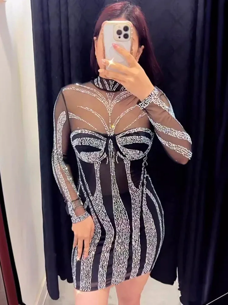 Sparkly เพชร Rhinestone ชุดวัน - Sexy Mesh Sheer Bodycon Dress บทวิจารณ์และราคา