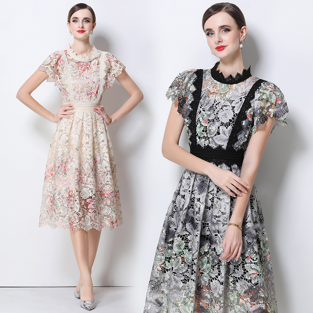 เดรสลูกไม้ปักลายฉลุลายดอกไม้สไ - French Vintage Floral Midi Dress บทวิจารณ์และราคา