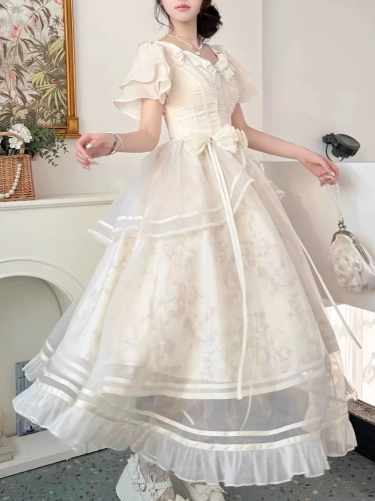 ป่าสไตล์หวานวินเทจโบว์ออกแบบชุ - French Vintage Floral Midi Dress บทวิจารณ์และราคา
