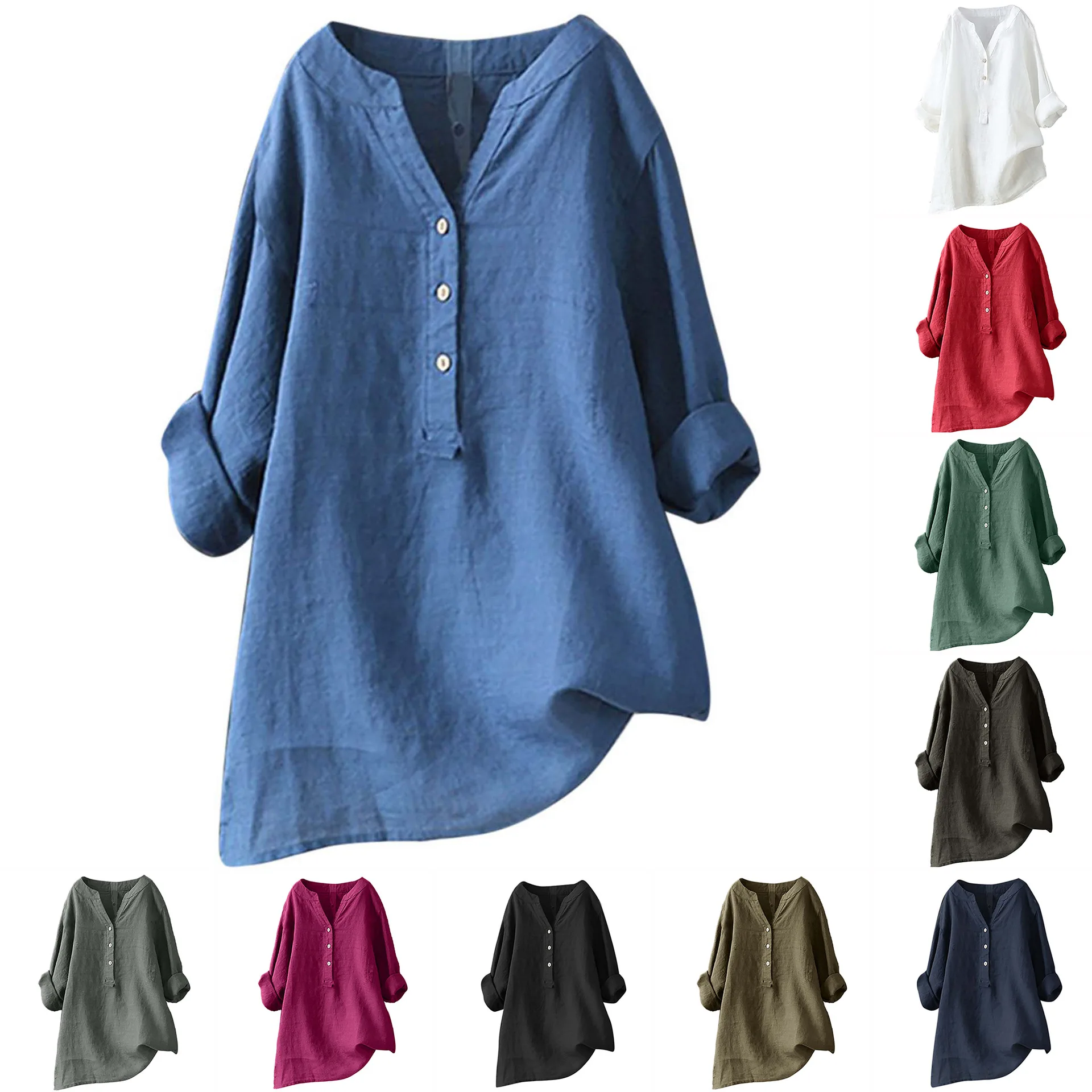 เสื้อเชิ้ตผ้าฝ้ายผสมผ้าลินิน ใ - Casual Loose Linen Shirt Dress บทวิจารณ์และราคา