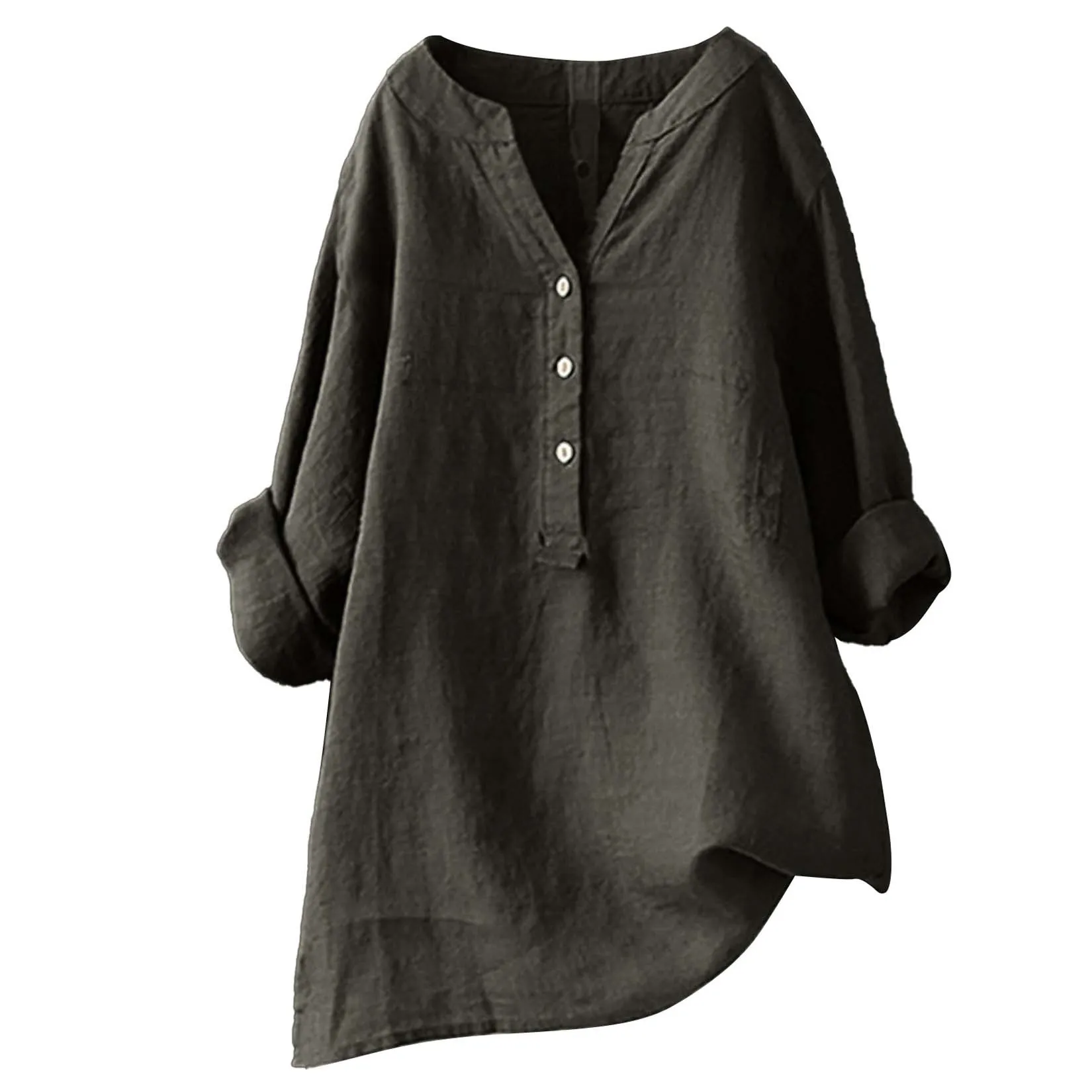 เสื้อเชิ้ตผ้าฝ้ายผสมผ้าลินิน ใ - Casual Loose Linen Shirt Dress บทวิจารณ์และราคา