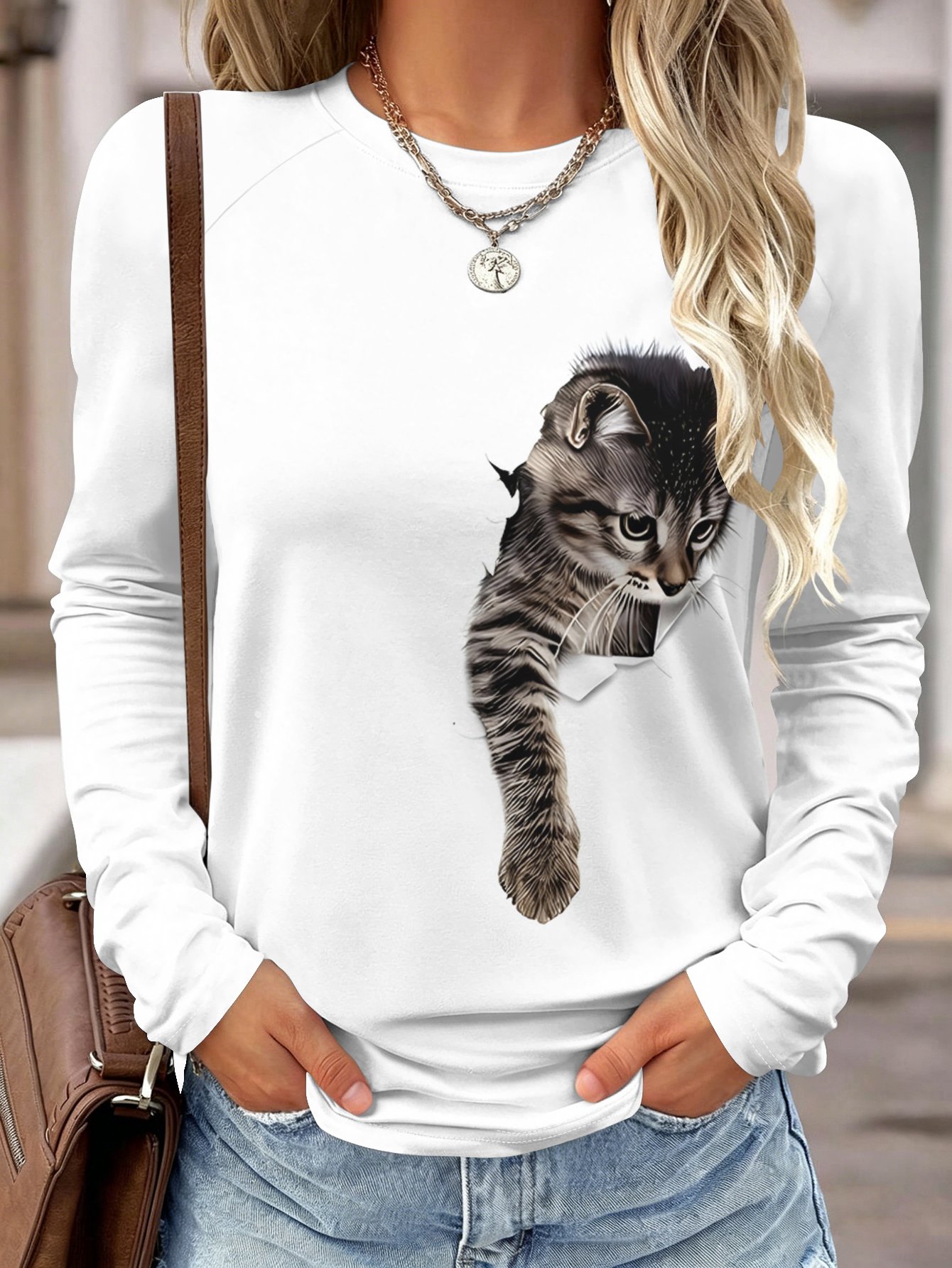 เสื้อแขนยาวผู้หญิง ลายแมวพิมพ์ - Blouses บทวิจารณ์และราคา