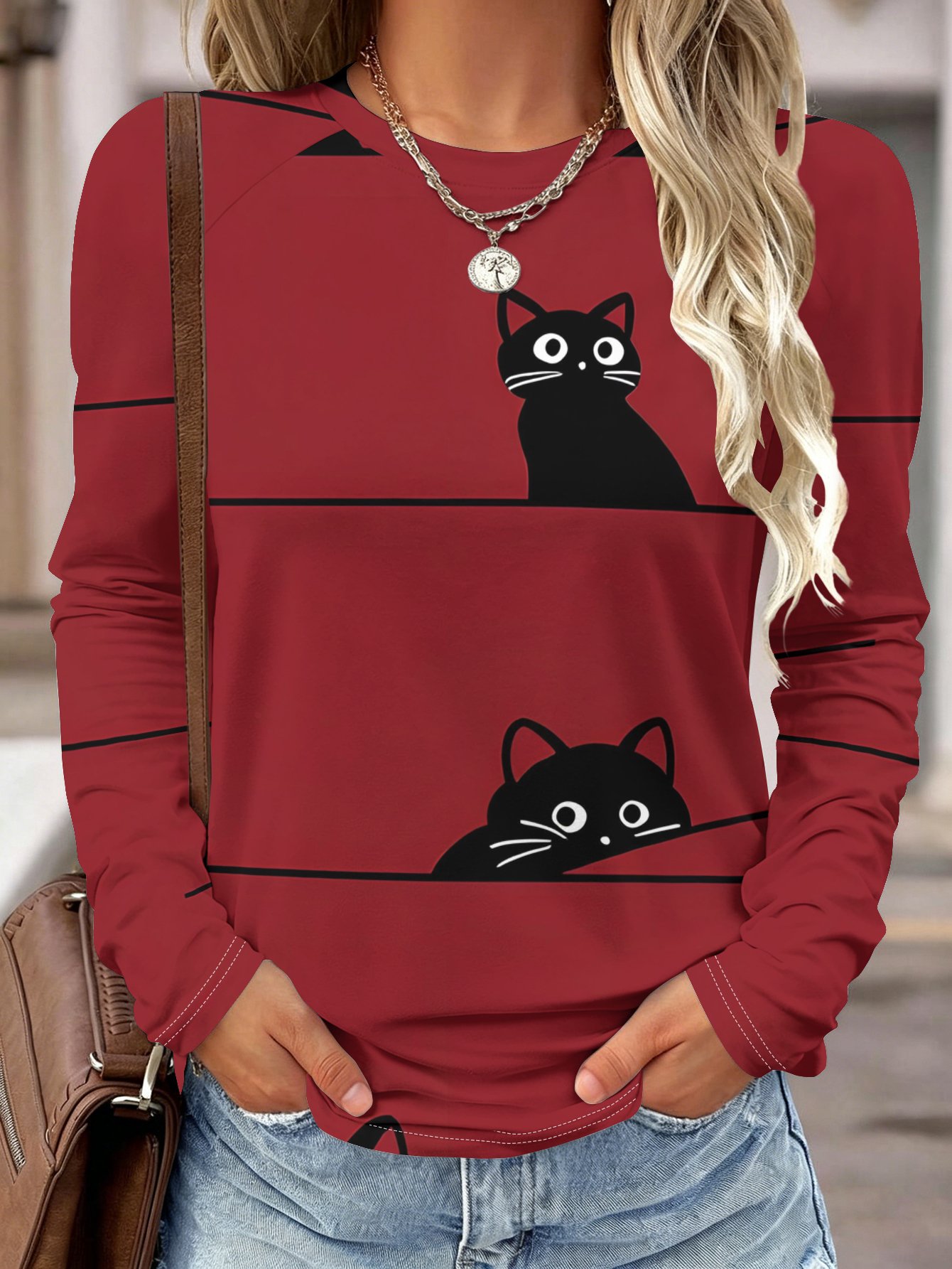 เสื้อแขนยาวผู้หญิง ลายแมวพิมพ์ - Blouses บทวิจารณ์และราคา