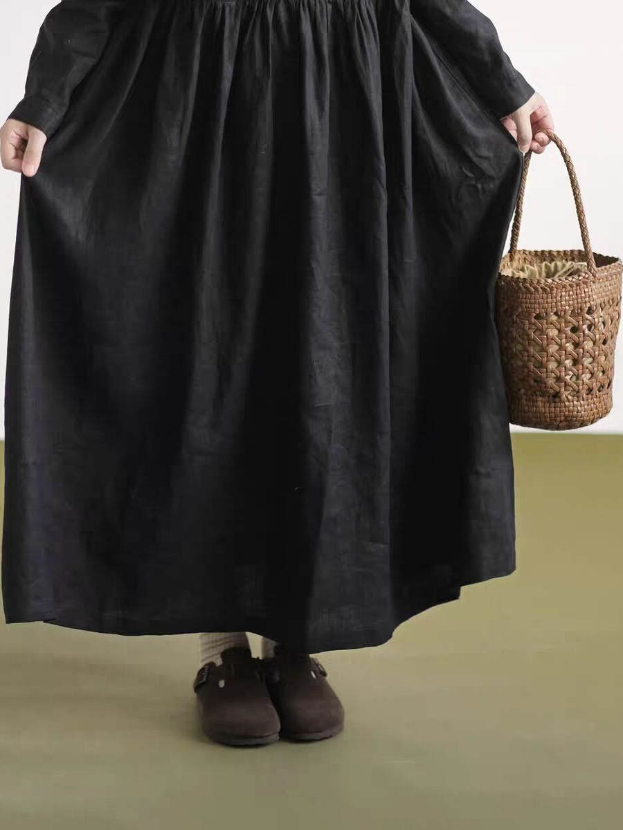 ชุดเดรสผ้าลินินแขนยาว คอปกผ้าล - Casual Loose Linen Shirt Dress บทวิจารณ์และราคา