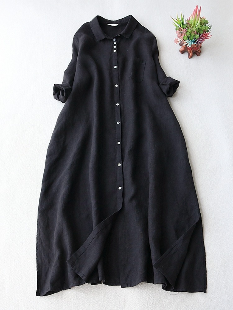 ชุดเดรสผ้าลินินสไตล์อาร์ตสำหรั - Casual Loose Linen Shirt Dress บทวิจารณ์และราคา