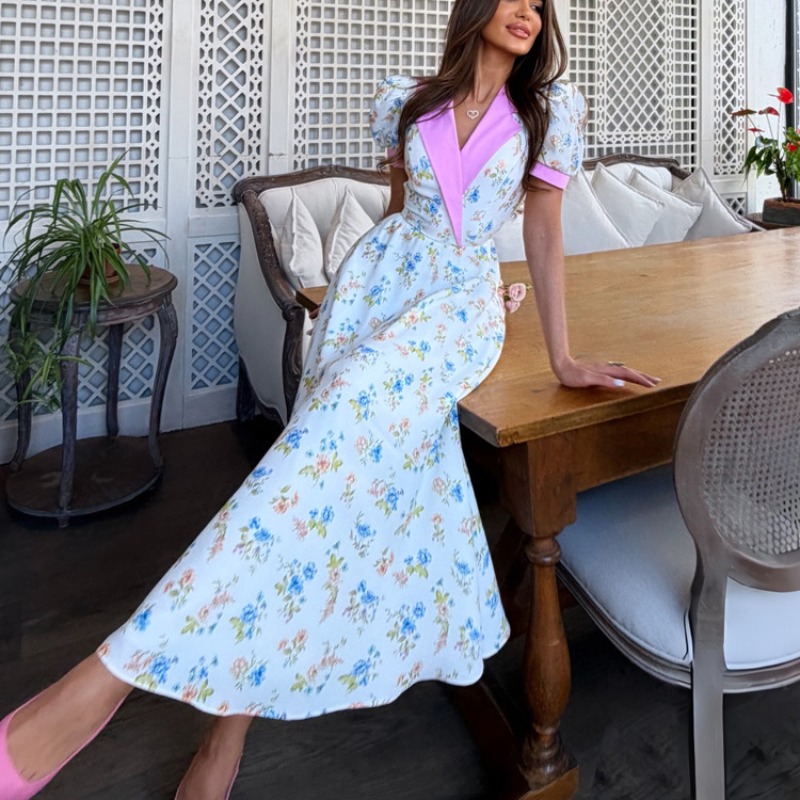 เดรสคอร์เซ็ตลายดอกไม้ฤดูร้อนปี - French Vintage Floral Midi Dress บทวิจารณ์และราคา