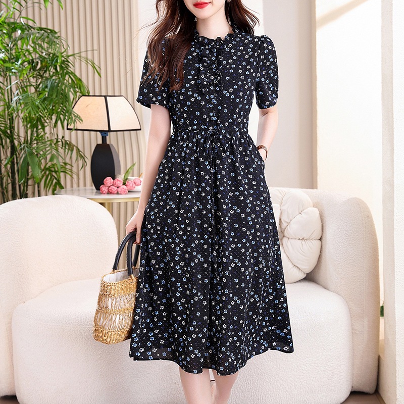 เดรสวินเทจสีน้ำเงินกรมท่าพิมพ์ - French Vintage Floral Midi Dress บทวิจารณ์และราคา