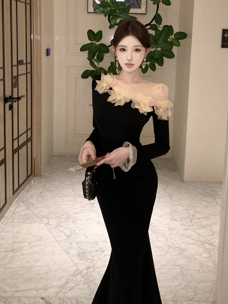 เดรสยาวแขนยาวลายดอกไม้ 3 มิติ  - Sexy Mesh Sheer Bodycon Dress บทวิจารณ์และราคา