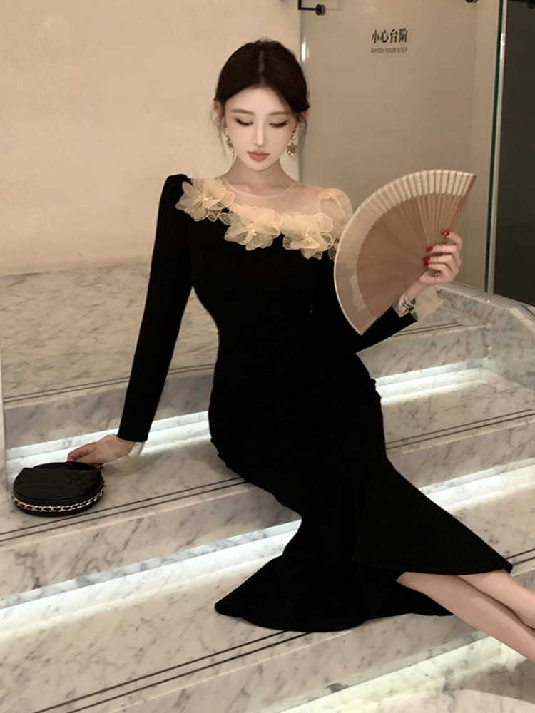 เดรสยาวแขนยาวลายดอกไม้ 3 มิติ  - Sexy Mesh Sheer Bodycon Dress บทวิจารณ์และราคา