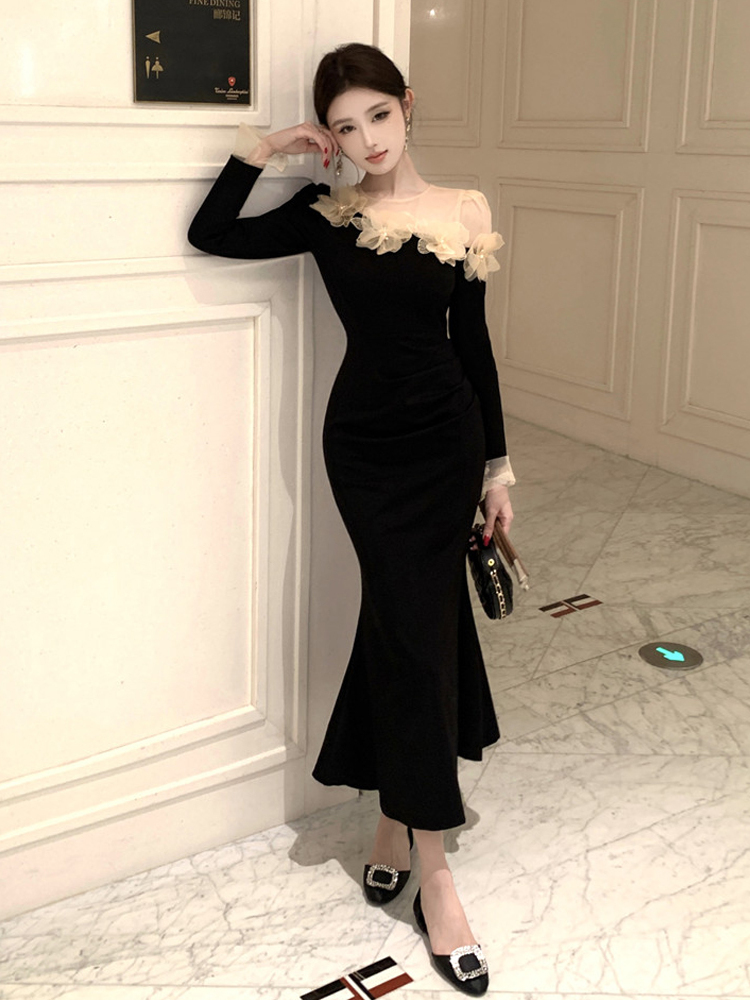 เดรสยาวแขนยาวลายดอกไม้ 3 มิติ  - Sexy Mesh Sheer Bodycon Dress บทวิจารณ์และราคา